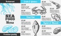 Seafood menu. Hand drawn marine fresh fishes, gourmet food design restaurant brochure, menu seafood invitation card vintage vector