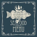 Seafood menu with hand, tray, fish, sailing ship