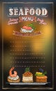 Seafood menu list with copy space for text, assorted fish canapes