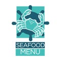 Seafood menu of lobster crab on ship helm vector isolated icon