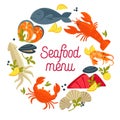 Seafood menu promo emblem with fresh delicious products