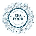 Seafood menu. Sketch fish food for sea restaurant, vintage banner with oyster and shellfish, squid and lobster, gourmet