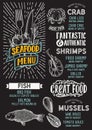 Seafood menu template for restaurant on a blackboard background vector illustration brochure for food and drink cafe. Design Royalty Free Stock Photo