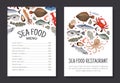 Seafood menu template set. Fresh sea products flyer, card, business promote cartoon vector Royalty Free Stock Photo