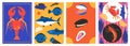 Seafood minimalistic poster. Abstract cartoon fish shellfish elements for restaurant menu background design, trendy Royalty Free Stock Photo