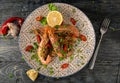 Seafood mussels on a plate with lemon and skillet.and also shrimp on a plate with chili Royalty Free Stock Photo