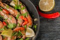 Seafood mussels on a plate with lemon and skillet.and also shrimp on a plate with chili Royalty Free Stock Photo