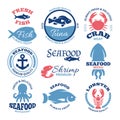 Seafood nautical vector vintage labels and restaurant emblems