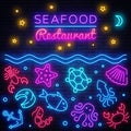 Seafood neon banner. Vector restaurant menu. Seafood Restaurant neon signboard. Marine food banner, flyer design, design