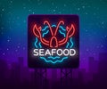 Seafood neon logo icon vector illustration. Lobster emblem, neon advertisement, night sign for the restaurant, cafe, bar Royalty Free Stock Photo