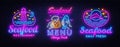 Seafood Neon signs set Vector. Seafood Menu neon sign, design template, modern trend design, night signboard, night Royalty Free Stock Photo