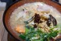 Seafood noodles soup in restaurant