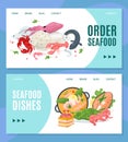 Seafood online web shop, order from restaurant vector illustration. Internet fresh fish delivery design banner, fast Royalty Free Stock Photo