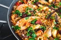 Seafood paella with king prawns and arborio rice Royalty Free Stock Photo