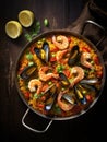 Seafood paella in a pan, Spain\'s culinary masterpiece, saffron-infused rice dish teeming with seafood. generative ai
