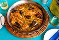 Seafood paella in traditional paella pan Royalty Free Stock Photo