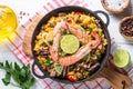 Seafood paella. Traditional spanish dish, top view.