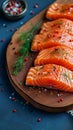 Seafood panorama Sliced portions of large salmon fillet adorn the background