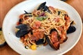 Seafood pasta in arabiata sauce. Royalty Free Stock Photo