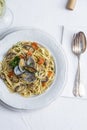 Seafood pasta with clams Spaghetti alle Vongole on white background Royalty Free Stock Photo