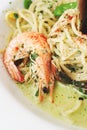 Seafood pasta with pesto sauce Royalty Free Stock Photo