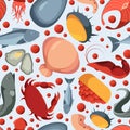 Seafood pattern. Textile design with marine underwater animals lobster fish oyster crab garish vector colored seamless