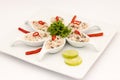 Seafood Peruvian dish: Pichanga de Mariscos. Ceviche style with white cream. Royalty Free Stock Photo