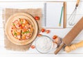 Seafood Pizza on top view on white wood background Royalty Free Stock Photo