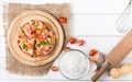 Seafood Pizza on top view on white wood background Royalty Free Stock Photo