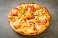 seafood pizza on wood tray Royalty Free Stock Photo