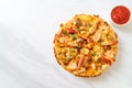 seafood pizza on wood tray Royalty Free Stock Photo