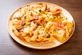 seafood pizza on wood tray Royalty Free Stock Photo