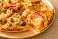 seafood pizza on wood tray Royalty Free Stock Photo