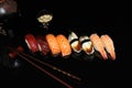 Seafood plate, green heathy food, grill, sushi,