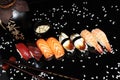 Seafood plate, green heathy food, grill, sushi,