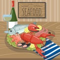 Seafood on plate served with glass of wine vector illustration, cartoon style design element for poster or banner