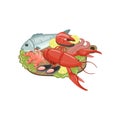 Seafood on plate, shrimp, lobster, shellfish, lobste,r oyster, mussel products cartoon vector Illustration