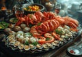 Seafood platter with fresh lobster oysters and clams at the table Royalty Free Stock Photo