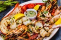 Seafood platter. Grilled lobster, shrimps, scallops, langoustines, octopus, squid on white plate Royalty Free Stock Photo