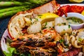 Seafood platter. Grilled lobster, shrimps, scallops, langoustines, octopus, squid on white plate Royalty Free Stock Photo