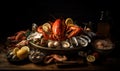 Seafood platter with lobster scallops clams. A table topped with lots of different types of seafood Royalty Free Stock Photo