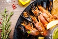 Seafood platter for 2-4 persons. Lobster, octopus, blue mussels, Argentina king prawns, tuna tartare. Delicious healthy Royalty Free Stock Photo