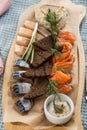 Seafood platter with salmon slice, pangasius fish, salted herring rey bread toast on wooden background vodka appetizer Royalty Free Stock Photo