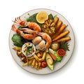 Seafood platter with shrimps, prawns, mussels, scallops and vegetables on a white background Royalty Free Stock Photo