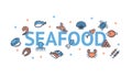 Seafood Poster Banner Card with Color Thin Line Icon Set. Vector