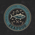 Seafood poster, banner or logo template with jumping salmon fish. Vector illustration