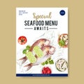 Seafood poster design with snapper illustration watercolor