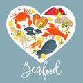 Seafood products with lemon and greenery inside heart