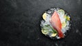 Seafood raw snapper on ice. Top view. Royalty Free Stock Photo
