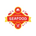 Seafood restaurant catering gourmet logo icon badge with knife fork and cloche dish cover illustration